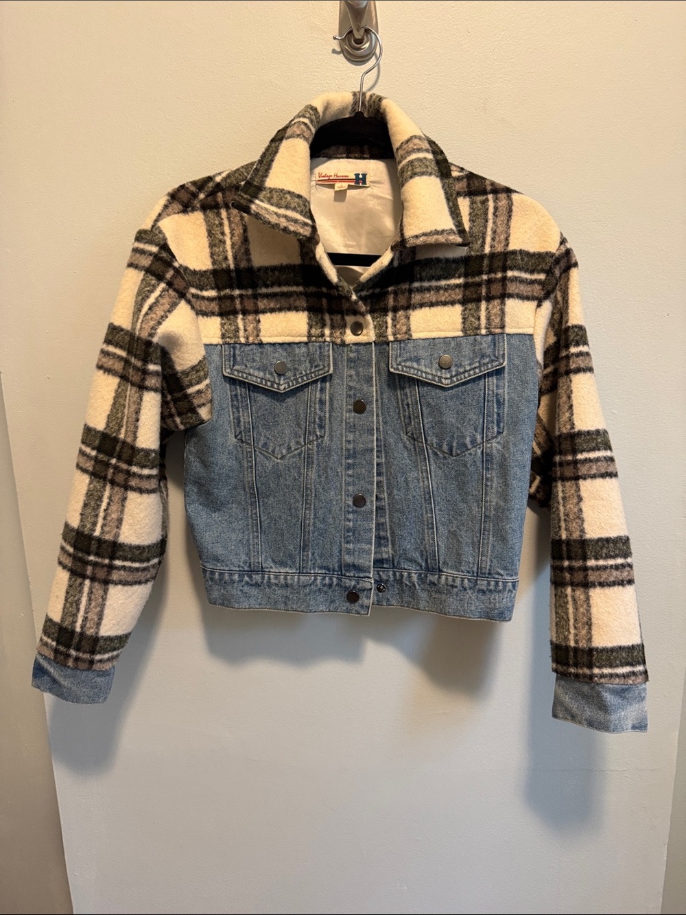 Vintage Havana Plaid Sherpa & Denim Jacket - Cream/Black Plaid